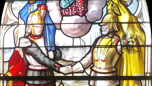Détail d'un vitrail de l'église de la Conversion de Saint Paul à Forcelles-Saint-Gorgon en Meurthe et Moselle